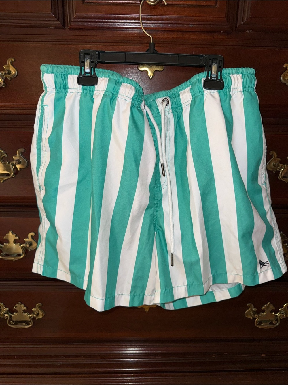 Men's Green & White Stripe Swim Trunks